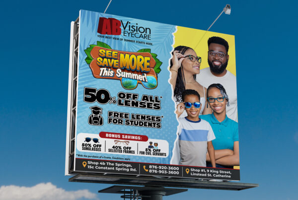 Client: AB Vision Eyecare | Signage: Billboard Design - See More, Save More - Summer Promotion | ER Designs | Jamaican Graphic Design